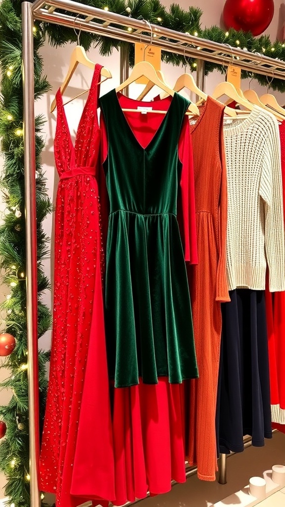 A collection of elegant Christmas dresses in red, green, and gold, displayed with festive decorations.